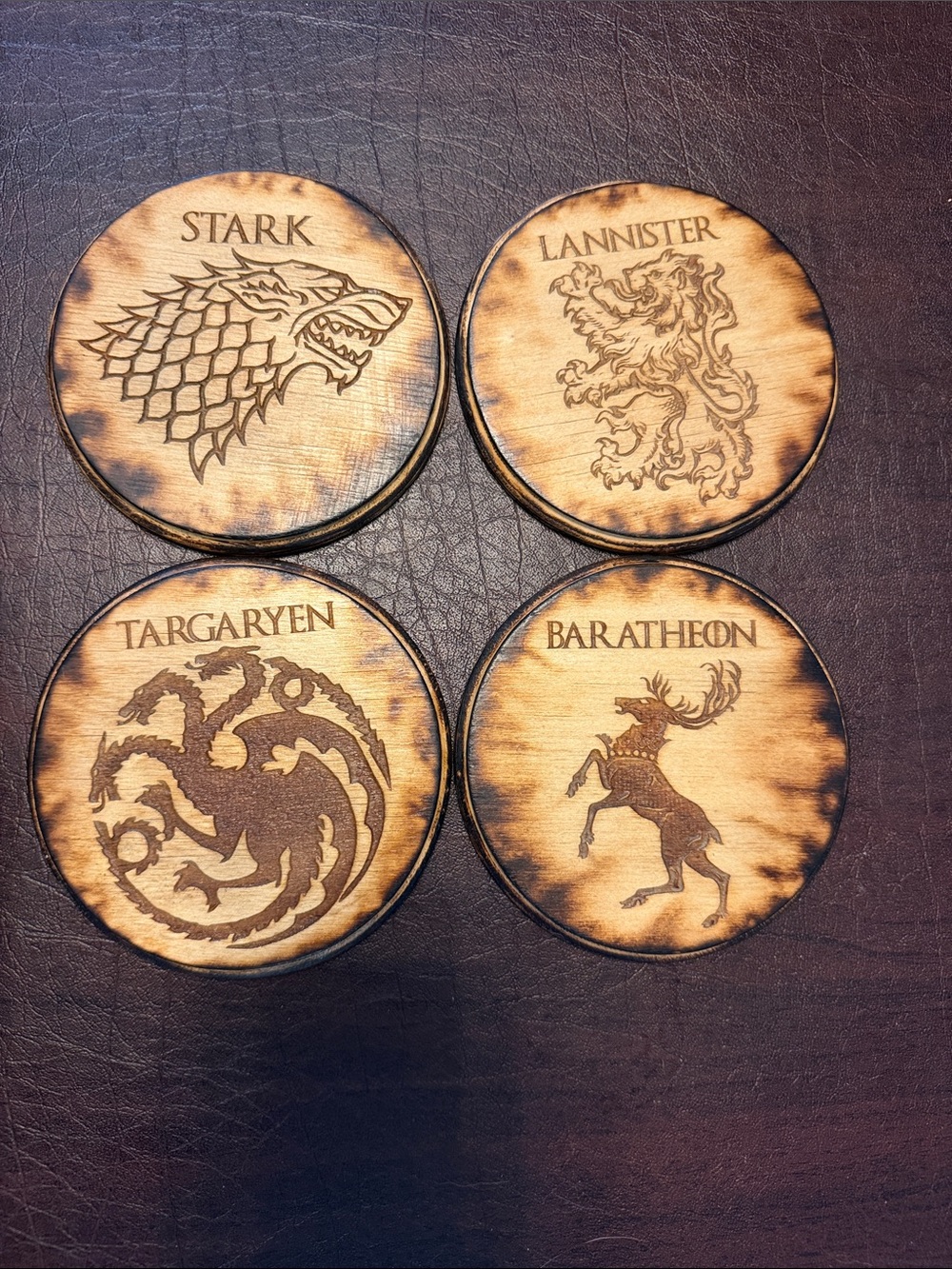 House Sigil Wooden Coaster Set GOT - Stark, Lannister, Targaryen, Baratheon